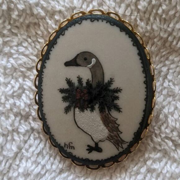 Vintage Jewelry - Hand Painted Ceramic Christmas Goose Pin, Gold Color Backing, Signed HFN Vintage